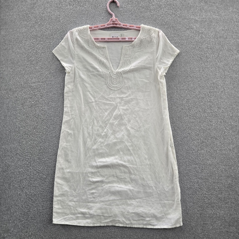 Vineyard Vines Women Dress 4 White Cotton Linen Tunic Shift Beaded Short Sleeve